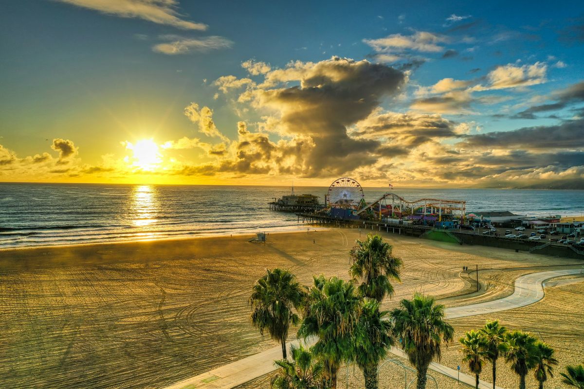 Sunset over the beach and pier at Santa Monica